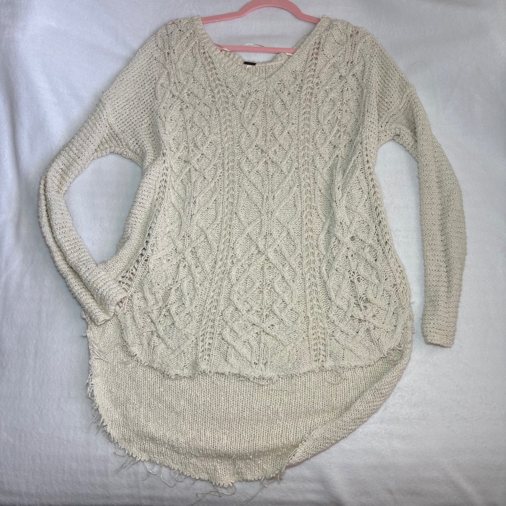 Free People Cream Cable Knit Oversized High Low Distressed Hem Sweater Large